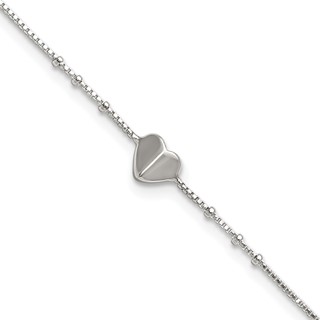 Sterling Silver Heart and Beads 9 inch with 1 inch Extender - Total 10 inch Anklet