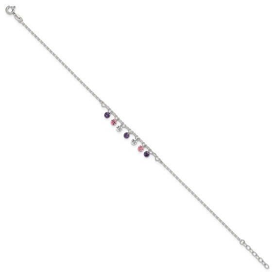 Sterling Silver Multicolor CZ and Hearts 9 inch Plus 1 inch Extender - Total 10 inch Anklet