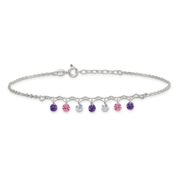 Sterling Silver Multicolor CZ and Hearts 9 inch Plus 1 inch Extender - Total 10 inch Anklet
