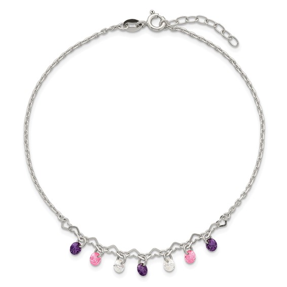 Sterling Silver Multicolor CZ and Hearts 9 inch Plus 1 inch Extender - Total 10 inch Anklet