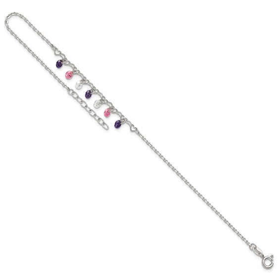 Sterling Silver Multicolor CZ and Hearts 9 inch Plus 1 inch Extender - Total 10 inch Anklet