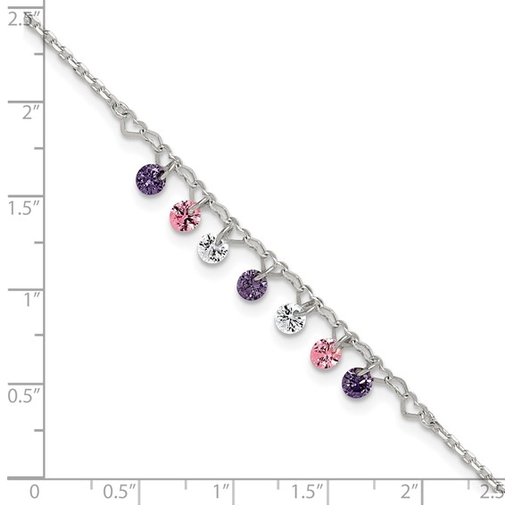 Sterling Silver Multicolor CZ and Hearts 9 inch Plus 1 inch Extender - Total 10 inch Anklet