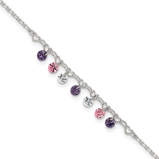 Sterling Silver Multicolor CZ and Hearts 9 inch Plus 1 inch Extender - Total 10 inch Anklet