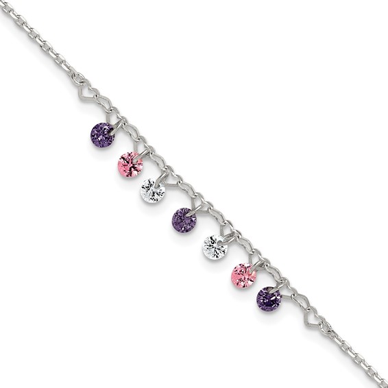 Sterling Silver Multicolor CZ and Hearts 9 inch Plus 1 inch Extender - Total 10 inch Anklet
