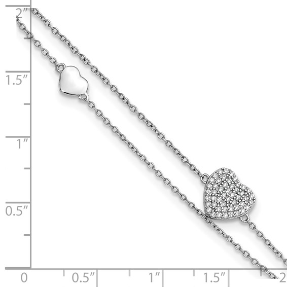 Sterling Silver Rhodium-plated CZ Heart 2-Strand 9 inch Plus 1 inch Extender - Total 10 inch Anklet