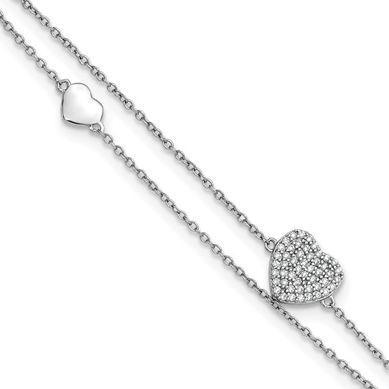 Sterling Silver Rhodium-plated CZ Heart 2-Strand 9 inch Plus 1 inch Extender - Total 10 inch Anklet