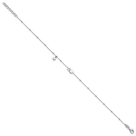Sterling Silver Rhodium-plated Heart/Stars 9 inch Plus 1 inch Extender - Total 10 inch Anklet