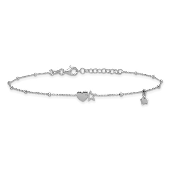 Sterling Silver Rhodium-plated Heart/Stars 9 inch Plus 1 inch Extender - Total 10 inch Anklet