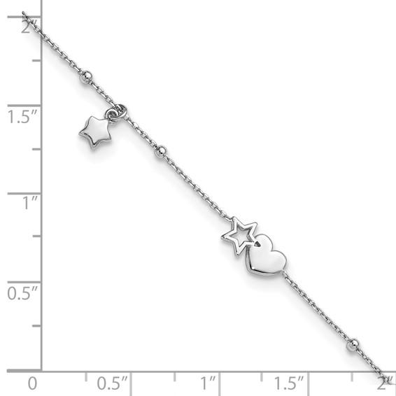 Sterling Silver Rhodium-plated Heart/Stars 9 inch Plus 1 inch Extender - Total 10 inch Anklet