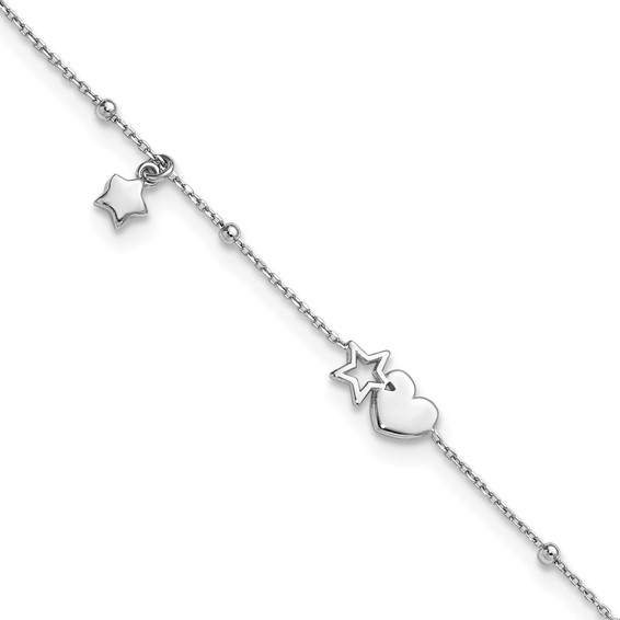 Sterling Silver Rhodium-plated Heart/Stars 9 inch Plus 1 inch Extender - Total 10 inch Anklet