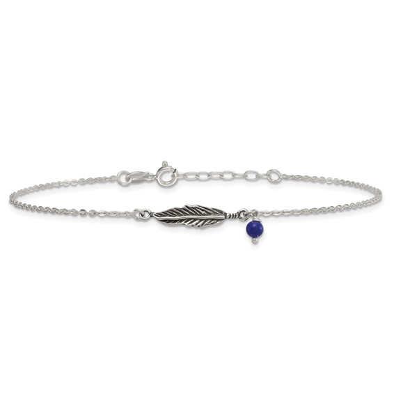 Sterling Silver Antiqued Blue Lapis/Feather 9 inch Plus 1 inch Extender - Total 10 inch Anklet
