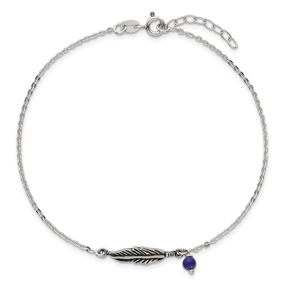 Sterling Silver Antiqued Blue Lapis/Feather 9 inch Plus 1 inch Extender - Total 10 inch Anklet