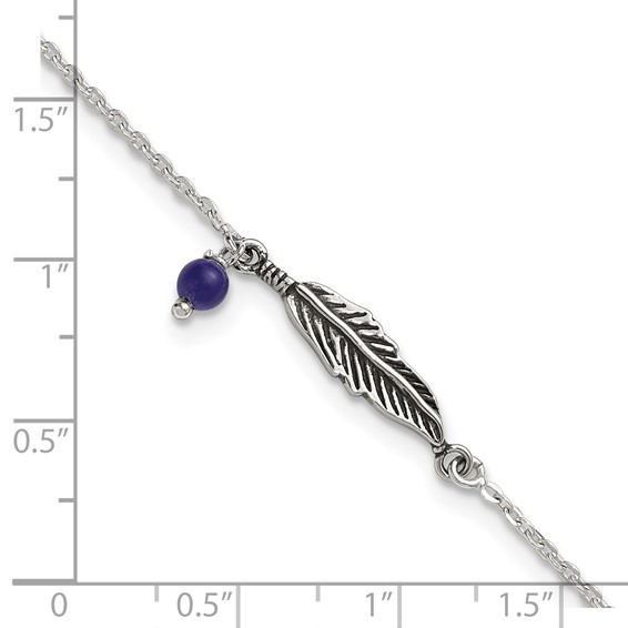 Sterling Silver Antiqued Blue Lapis/Feather 9 inch Plus 1 inch Extender - Total 10 inch Anklet