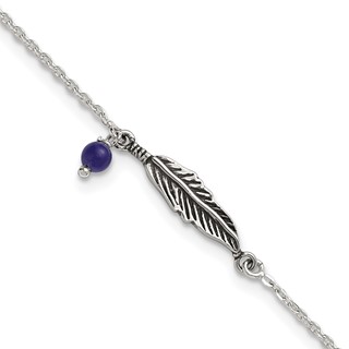 Sterling Silver Antiqued Blue Lapis/Feather 9 inch Plus 1 inch Extender - Total 10 inch Anklet