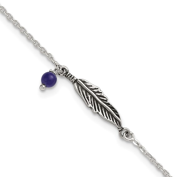 Sterling Silver Antiqued Blue Lapis/Feather 9 inch Plus 1 inch Extender - Total 10 inch Anklet