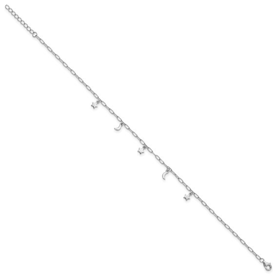 Sterling Silver Rhodium-plated Moon and Star 9 inch Plus 1 inch Extender - Total 10 inch Anklet