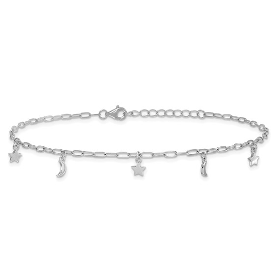 Sterling Silver Rhodium-plated Moon and Star 9 inch Plus 1 inch Extender - Total 10 inch Anklet