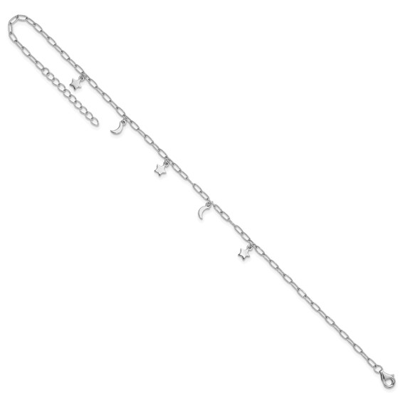 Sterling Silver Rhodium-plated Moon and Star 9 inch Plus 1 inch Extender - Total 10 inch Anklet