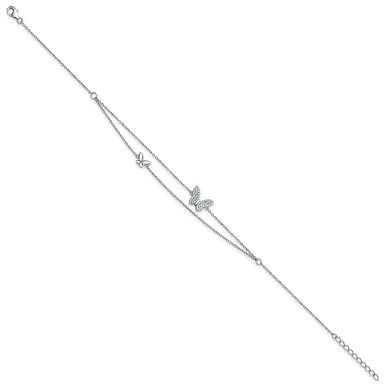 Sterling Silver Rhodium-plated CZ Butterflies 2-Strand 9 inch Plus 1 inch Extender - Total 10 inch Anklet