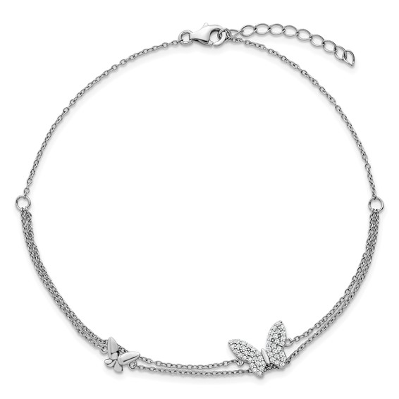 Sterling Silver Rhodium-plated CZ Butterflies 2-Strand 9 inch Plus 1 inch Extender - Total 10 inch Anklet