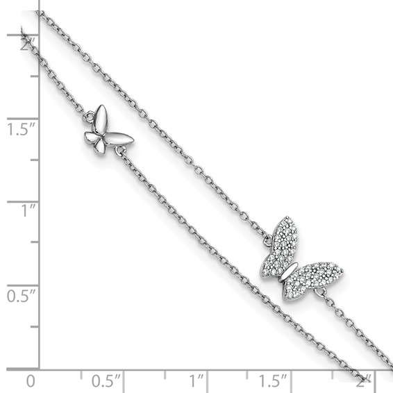 Sterling Silver Rhodium-plated CZ Butterflies 2-Strand 9 inch Plus 1 inch Extender - Total 10 inch Anklet
