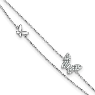 Sterling Silver Rhodium-plated CZ Butterflies 2-Strand 9 inch Plus 1 inch Extender - Total 10 inch Anklet