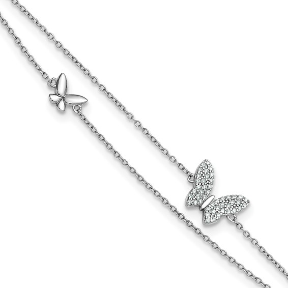Sterling Silver Rhodium-plated CZ Butterflies 2-Strand 9 inch Plus 1 inch Extender - Total 10 inch Anklet