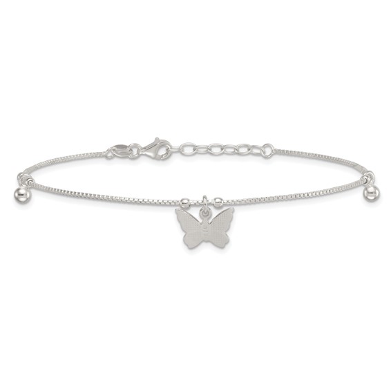 Sterling Silver Beaded Butterfly 9 inch Plus 1 inch Extender - Total 10 inch Anklet