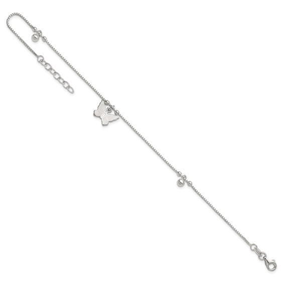 Sterling Silver Beaded Butterfly 9 inch Plus 1 inch Extender - Total 10 inch Anklet