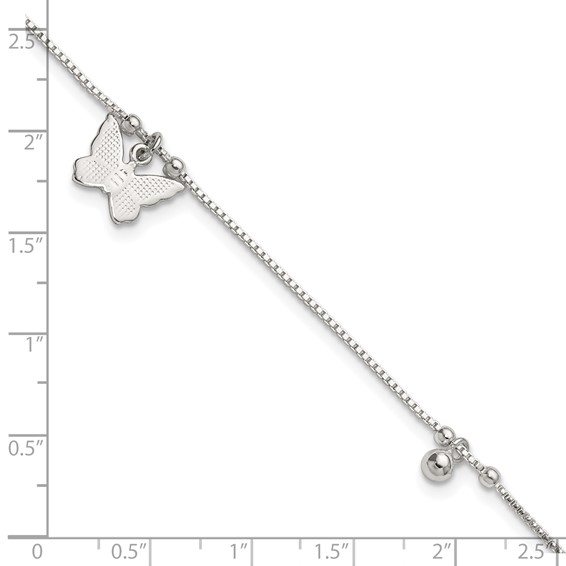 Sterling Silver Beaded Butterfly 9 inch Plus 1 inch Extender - Total 10 inch Anklet