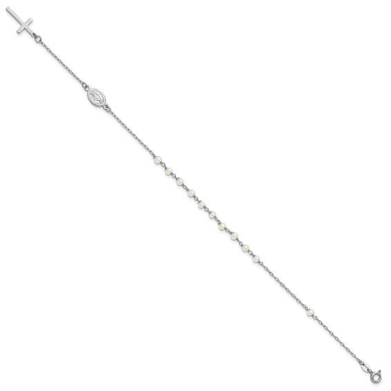 Sterling Silver Rhodium-plated Polished Freshwater Cultured Pearl Cross and Miraculous Medal 10 Inch Anklet