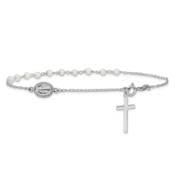 Sterling Silver Rhodium-plated Polished Freshwater Cultured Pearl Cross and Miraculous Medal 10 Inch Anklet