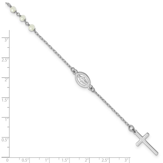 Sterling Silver Rhodium-plated Polished Freshwater Cultured Pearl Cross and Miraculous Medal 10 Inch Anklet