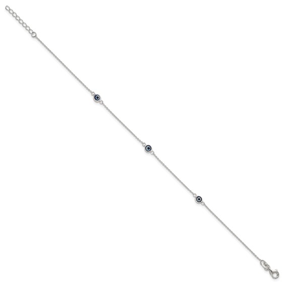 Sterling Silver Glass Evil Eye 3-Station 9 inch Plus 1 inch Extender - Total 10 inch Anklet