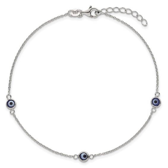 Sterling Silver Glass Evil Eye 3-Station 9 inch Plus 1 inch Extender - Total 10 inch Anklet