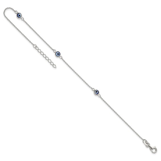 Sterling Silver Glass Evil Eye 3-Station 9 inch Plus 1 inch Extender - Total 10 inch Anklet