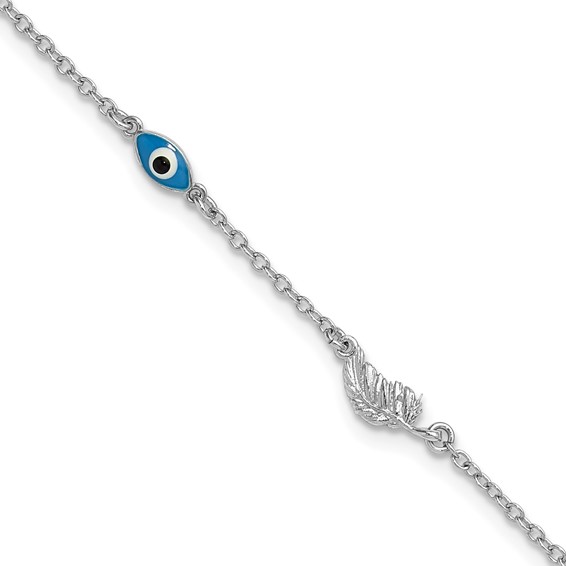 Sterling Silver Rhodium-plated Enamel Eye and Leaf 9 inch Plus 1 inch Extender - Total 10 inch Anklet
