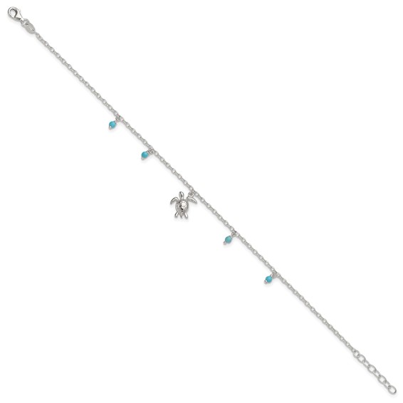 Sterling Silver Turquoise Beads and Turtle 9 inch Plus 1 inch Extender - Total 10 inch Anklet