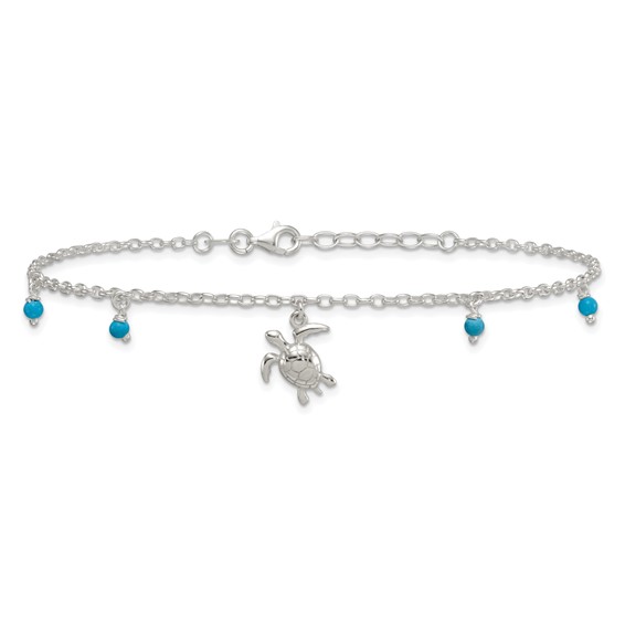 Sterling Silver Turquoise Beads and Turtle 9 inch Plus 1 inch Extender - Total 10 inch Anklet