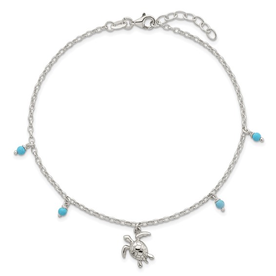 Sterling Silver Turquoise Beads and Turtle 9 inch Plus 1 inch Extender - Total 10 inch Anklet