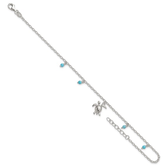 Sterling Silver Turquoise Beads and Turtle 9 inch Plus 1 inch Extender - Total 10 inch Anklet