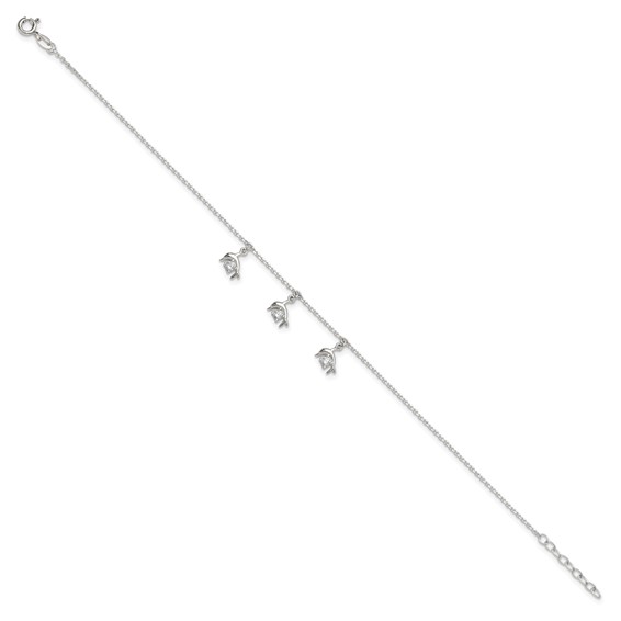 Sterling Silver CZ Dolphin Charms 9 inch Plus 1 inch Extender - Total 10 inch Anklet