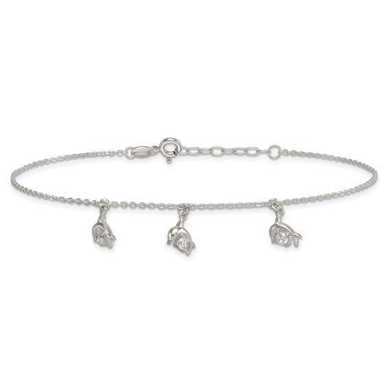 Sterling Silver CZ Dolphin Charms 9 inch Plus 1 inch Extender - Total 10 inch Anklet