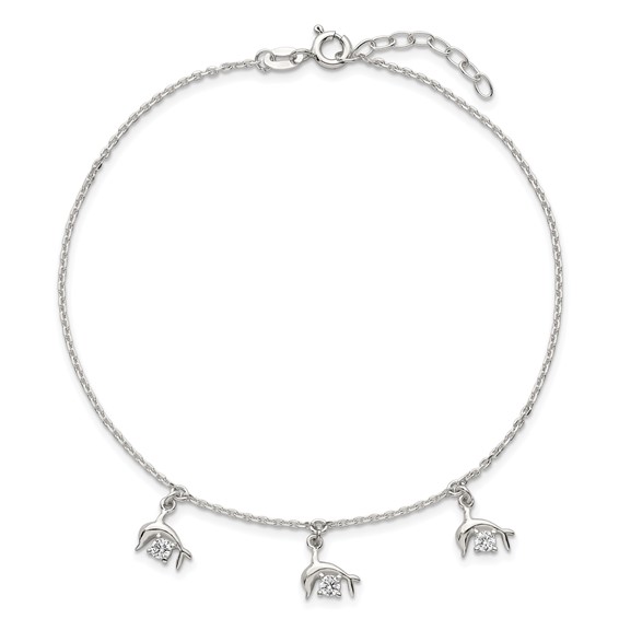 Sterling Silver CZ Dolphin Charms 9 inch Plus 1 inch Extender - Total 10 inch Anklet