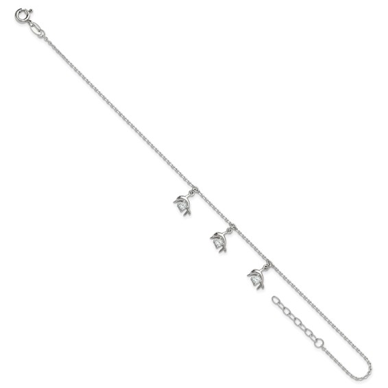 Sterling Silver CZ Dolphin Charms 9 inch Plus 1 inch Extender - Total 10 inch Anklet