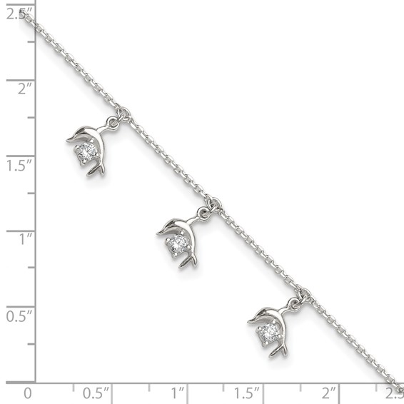 Sterling Silver CZ Dolphin Charms 9 inch Plus 1 inch Extender - Total 10 inch Anklet