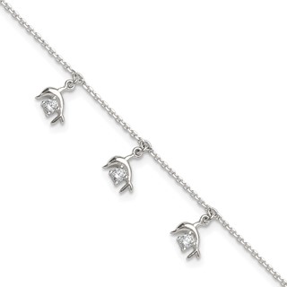 Sterling Silver CZ Dolphin Charms 9 inch Plus 1 inch Extender - Total 10 inch Anklet