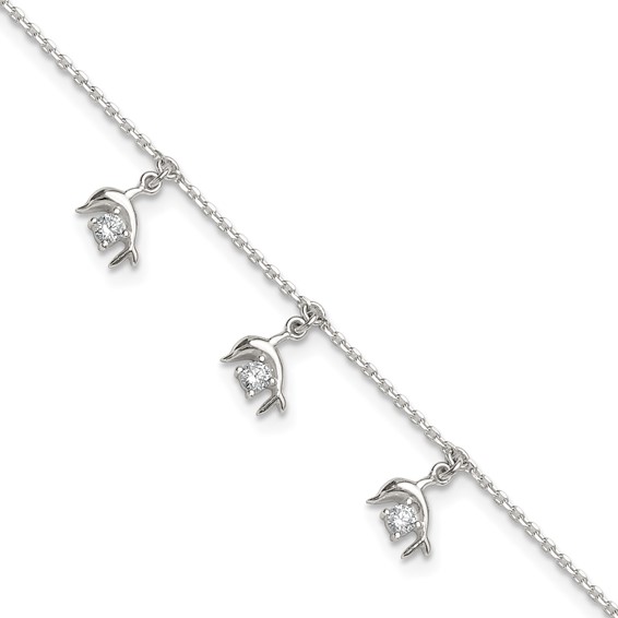 Sterling Silver CZ Dolphin Charms 9 inch Plus 1 inch Extender - Total 10 inch Anklet