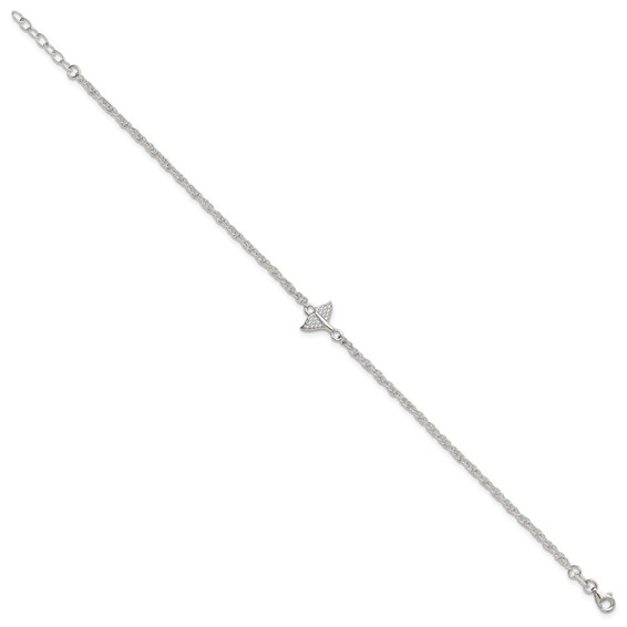 Sterling Silver CZ Whale Tail 9 inch Plus 1 inch Extender - Total 10 inch Anklet