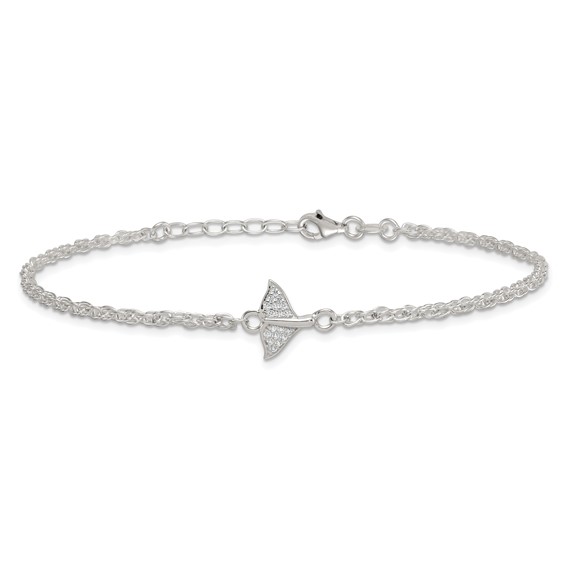 Sterling Silver CZ Whale Tail 9 inch Plus 1 inch Extender - Total 10 inch Anklet